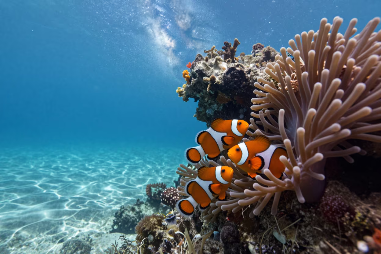 Clownfish Defends Anemone Under Daytime Milky Way in beside a volcanic reef overhang near Cebu