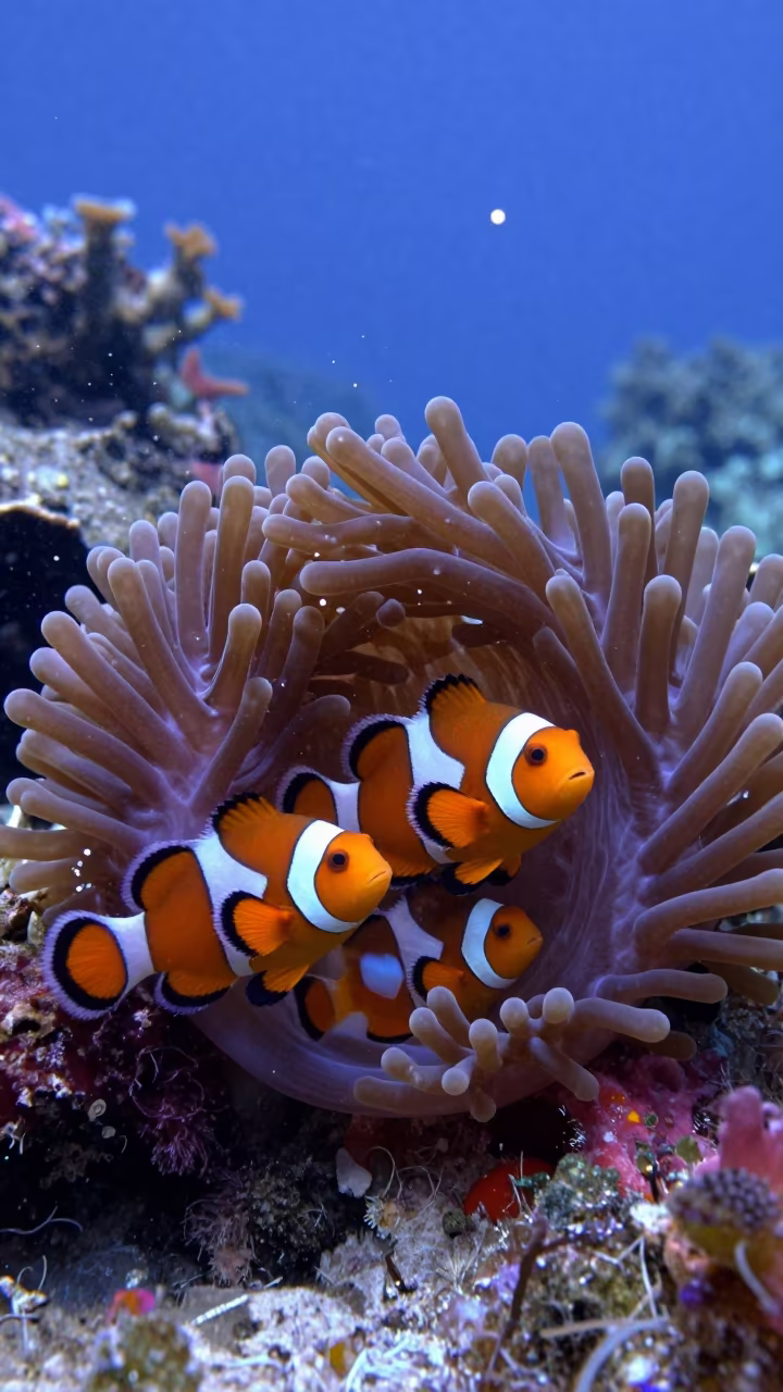 Clownfish Family in Carpet Anemone Twilight Reef in beside a volcanic reef overhang near Cebu