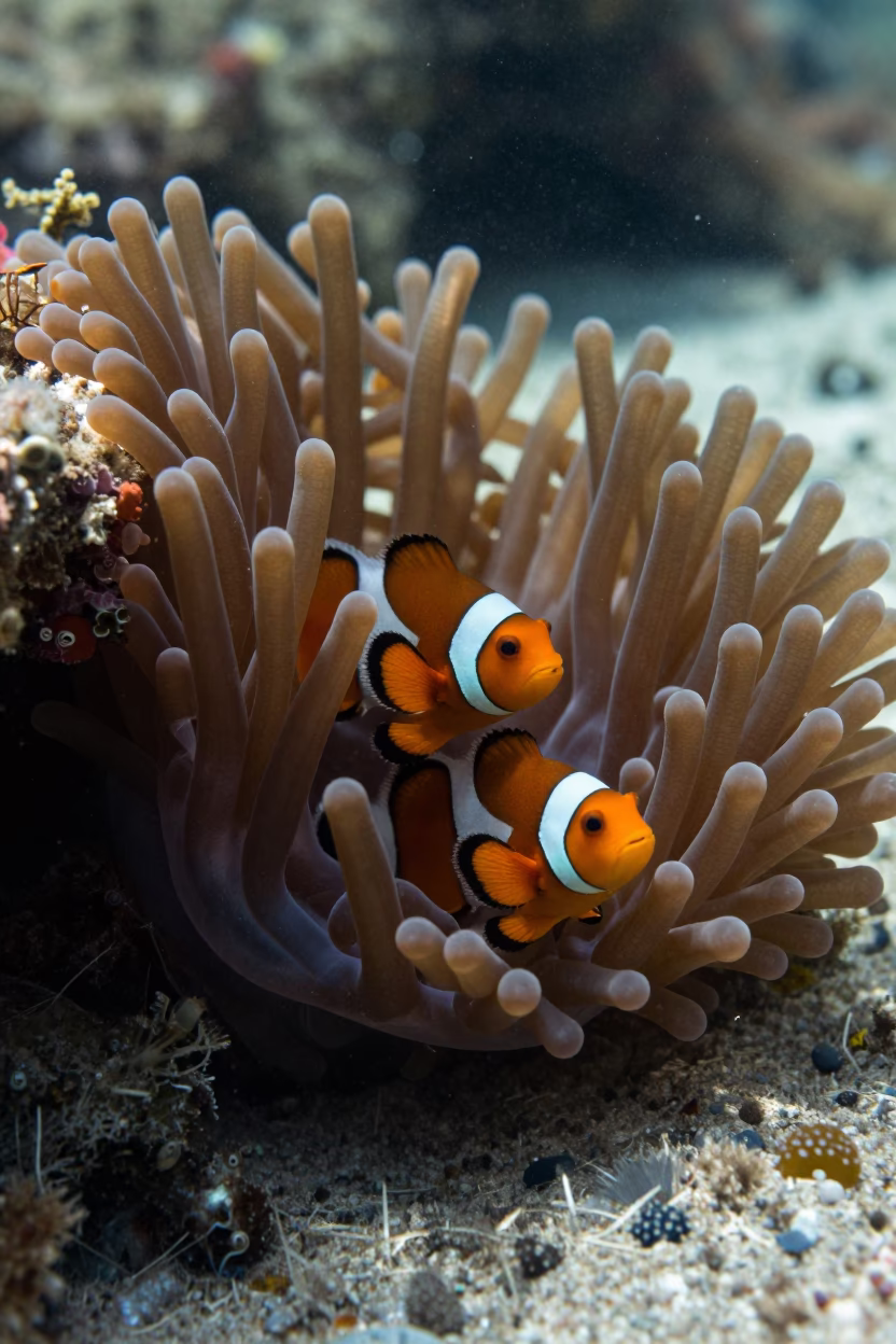 Clownfish Family in Giant Carpet Anemone Belize in beside a reef crevice under clear water near Belize City