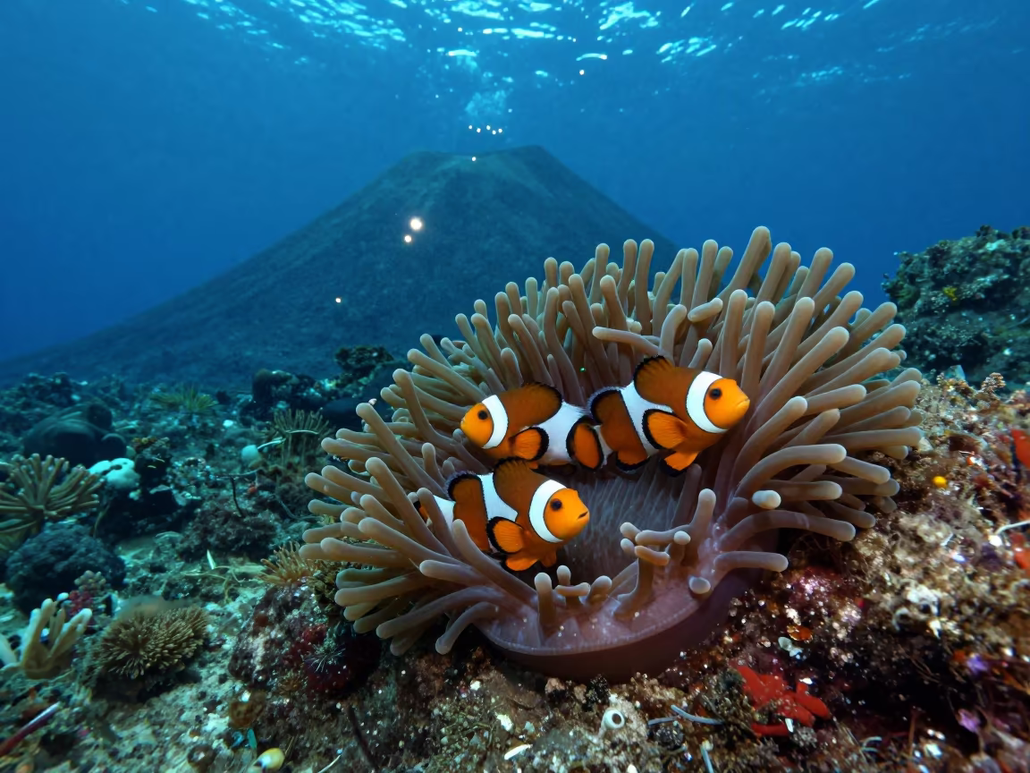 Clownfish Family in Giant Carpet Anemone in beside a volcanic reef overhang near Cebu