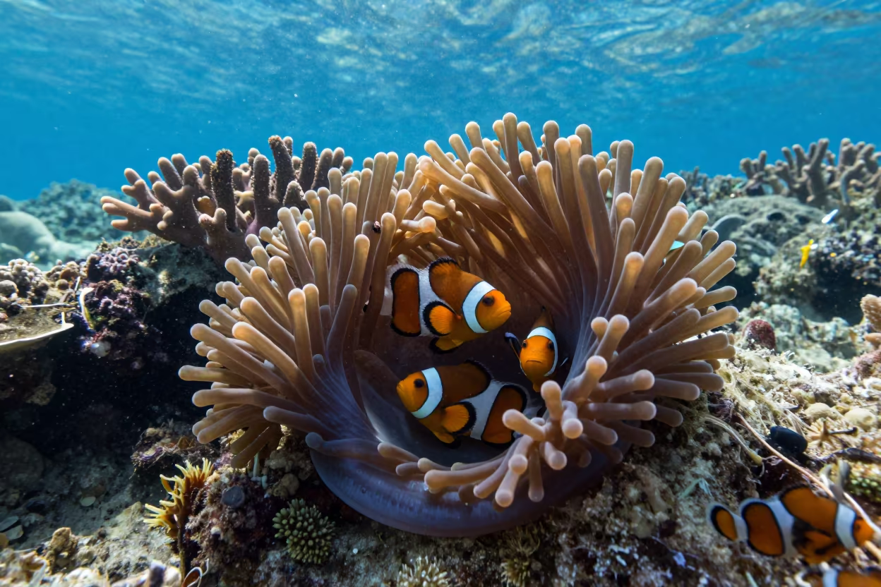 Clownfish Family Hiding in Anemone Near Cairns in along a coral wall with blue water beyond near Cairns