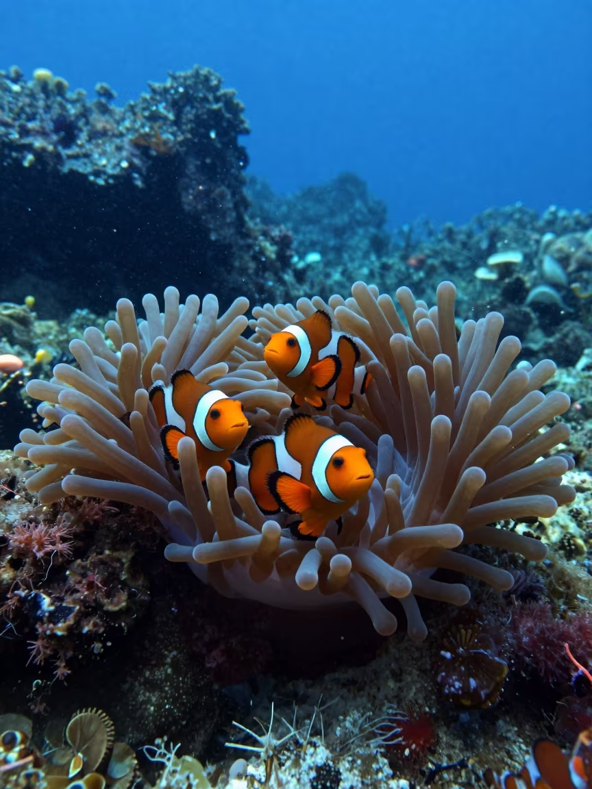 Clownfish Family Hiding in Anemone Reef Zanzibar in beside a reef crevice under clear water near Zanzibar