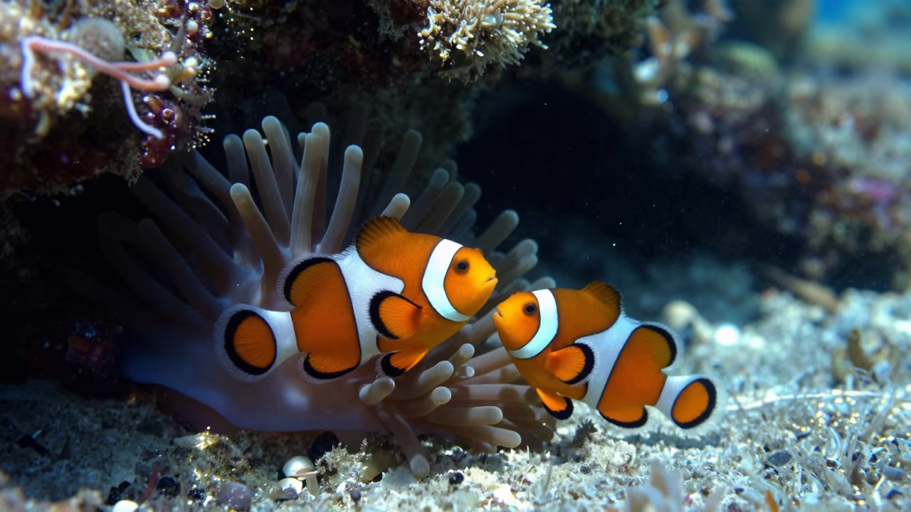 Clownfish Guarding Anemone Under Reef Ledge in beneath a reef ledge in tropical shallows near Denpasar