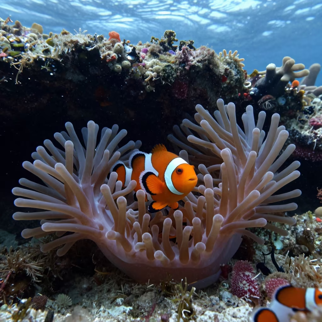 Clownfish in Anemone Belize City in beneath a reef ledge in tropical shallows near Belize City
