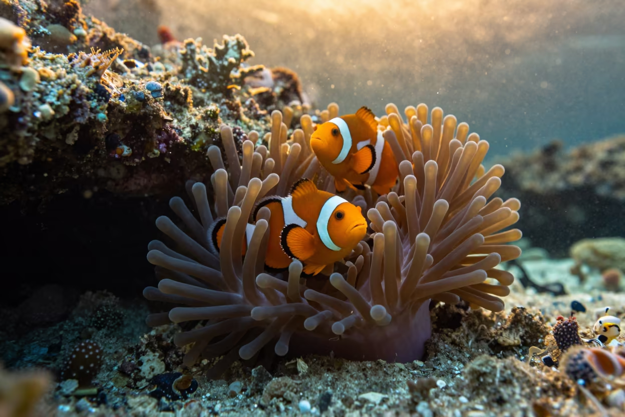 Clownfish Nestled in Anemone Under Cebu Reef in beneath a reef ledge in tropical shallows near Cebu
