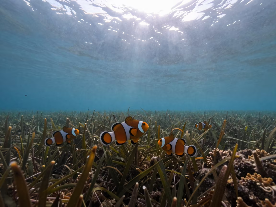 Clownfish Through Seagrass at Dawn in along a coral wall with blue water beyond near Cairns