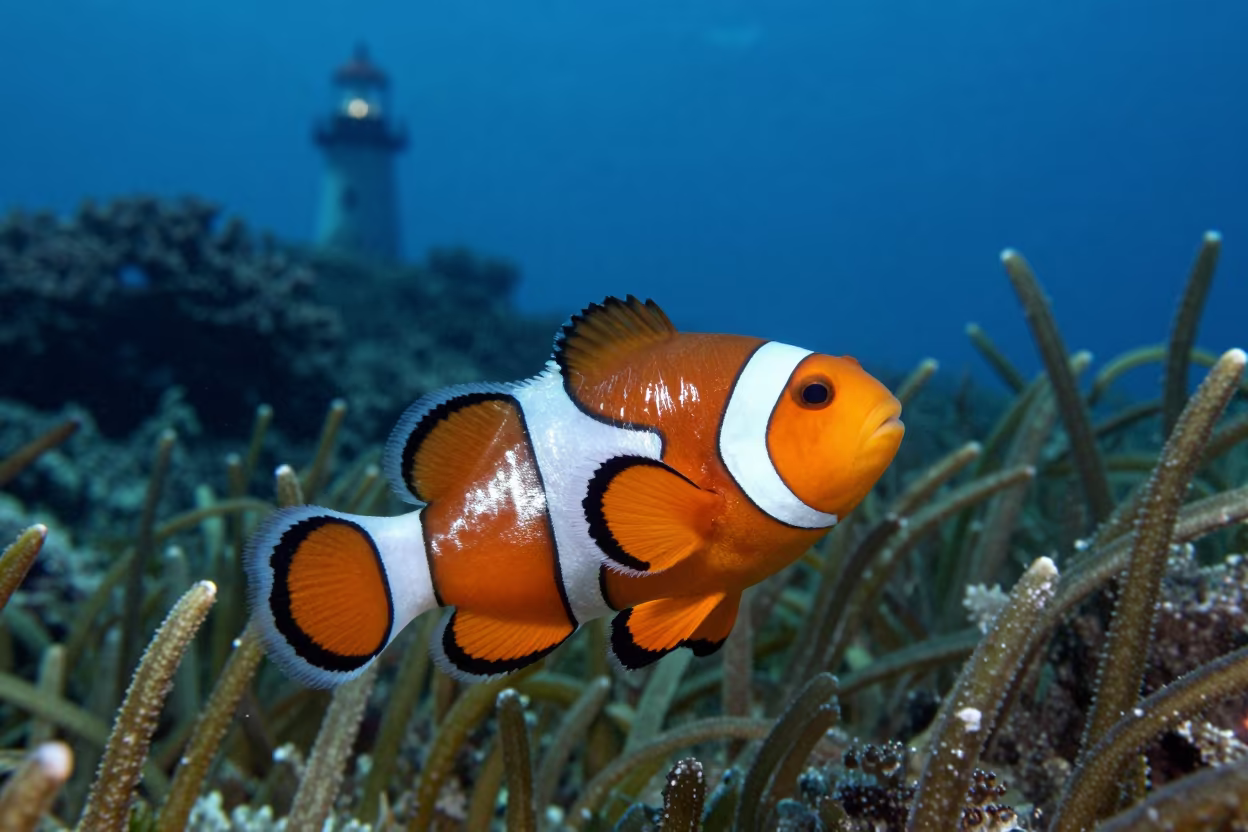 Clownfish in Seagrass Under Lighthouse Light in along a coral wall with blue water beyond near Cebu