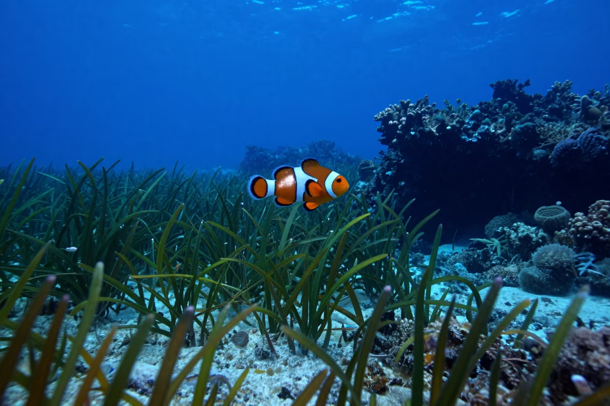 Clownfish in Seagrass Meadow Blue Hour Light in beside a reef crevice under clear water near Cebu