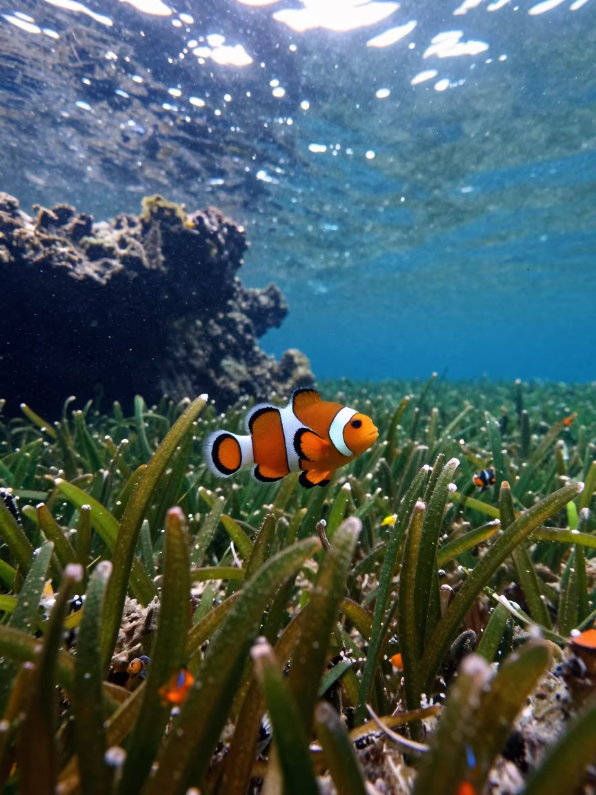 Clownfish in Seagrass Meadow Near Cebu Reef in beside a volcanic reef overhang near Cebu