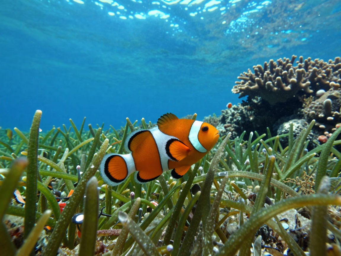 Clownfish in Seagrass Meadow Cobalt Light in along a coral wall with blue water beyond near Denpasar