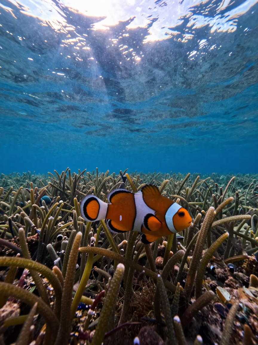 Clownfish in Seagrass Meadow at Dawn in beneath a reef ledge in tropical shallows near Denpasar