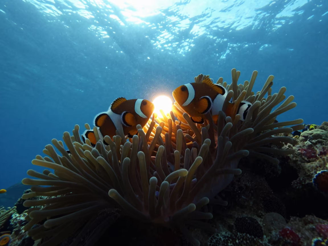 Clownfish Silhouette in Anemone Zanzibar in beside a reef crevice under clear water near Zanzibar