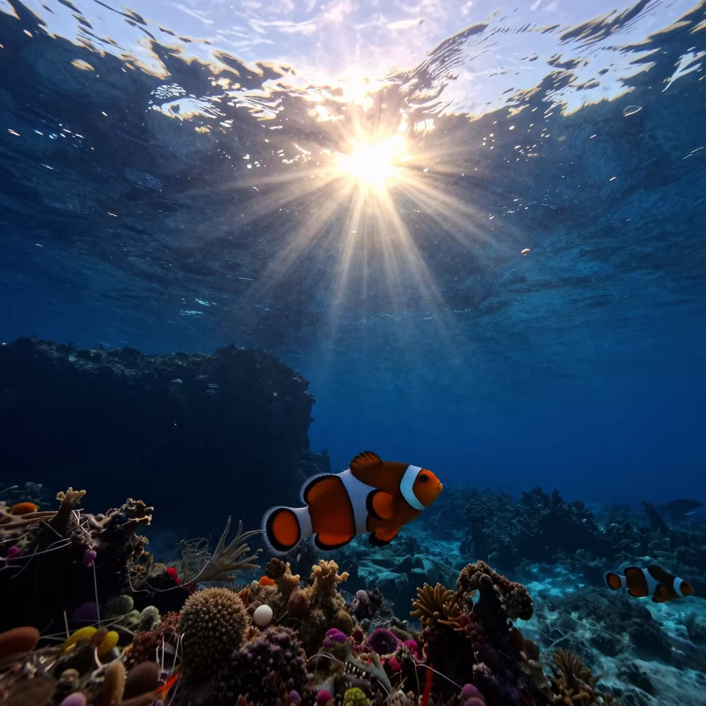 Clownfish Silhouette Dawn Light Stone Town Reef in beside a reef crevice under clear water near Stone Town