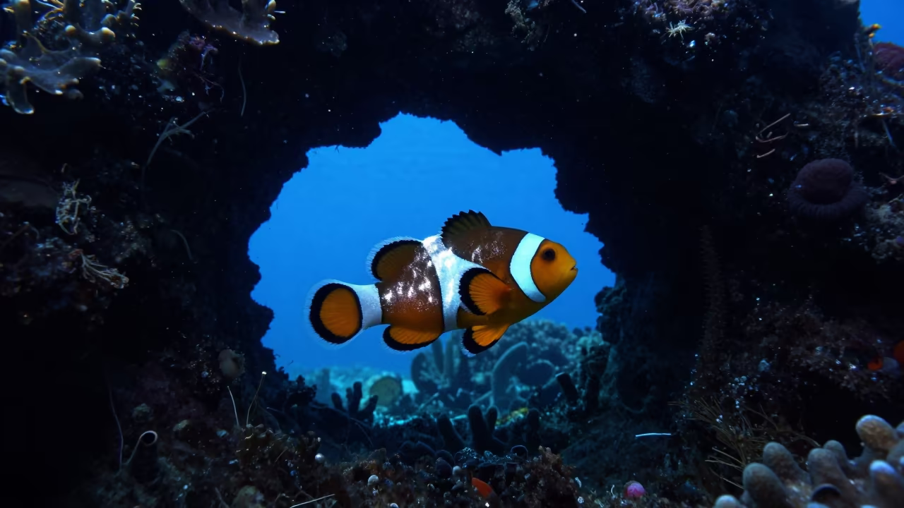 Clownfish Silhouette Through Volcanic Arch at Dawn in along a coral wall with blue water beyond near Zanzibar