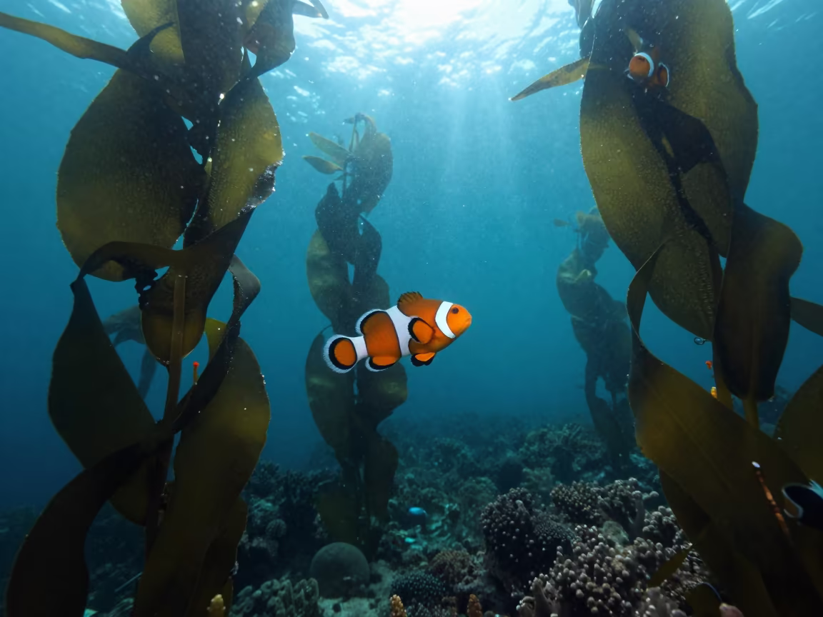 Clownfish Swimming Through Kelp Forest at Dawn in along a coral wall with blue water beyond near Belize City