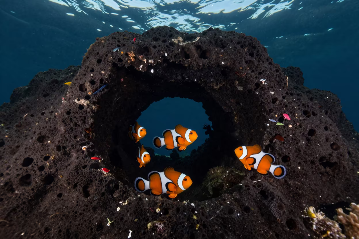 Clownfish Swimming Through Volcanic Arch at Dawn in beneath a reef ledge in tropical shallows near Belize City