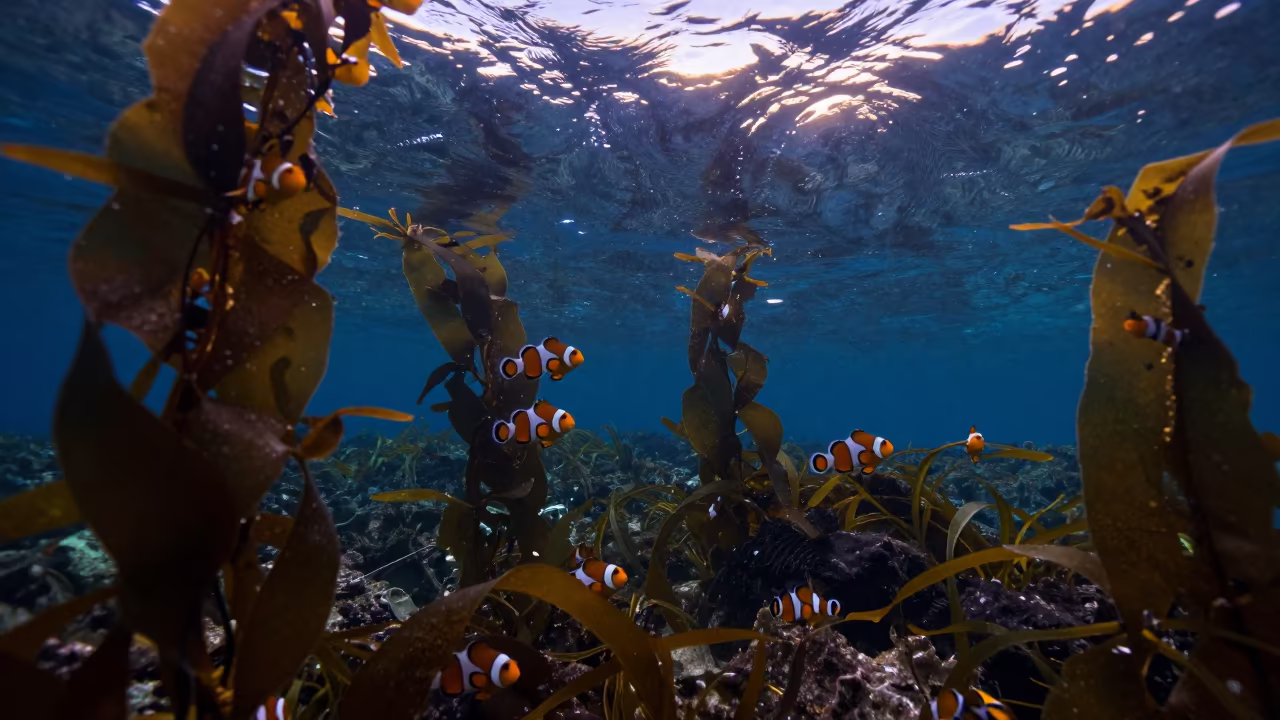 Clownfish in Twilight Kelp Forest in beside a volcanic reef overhang near Cairns