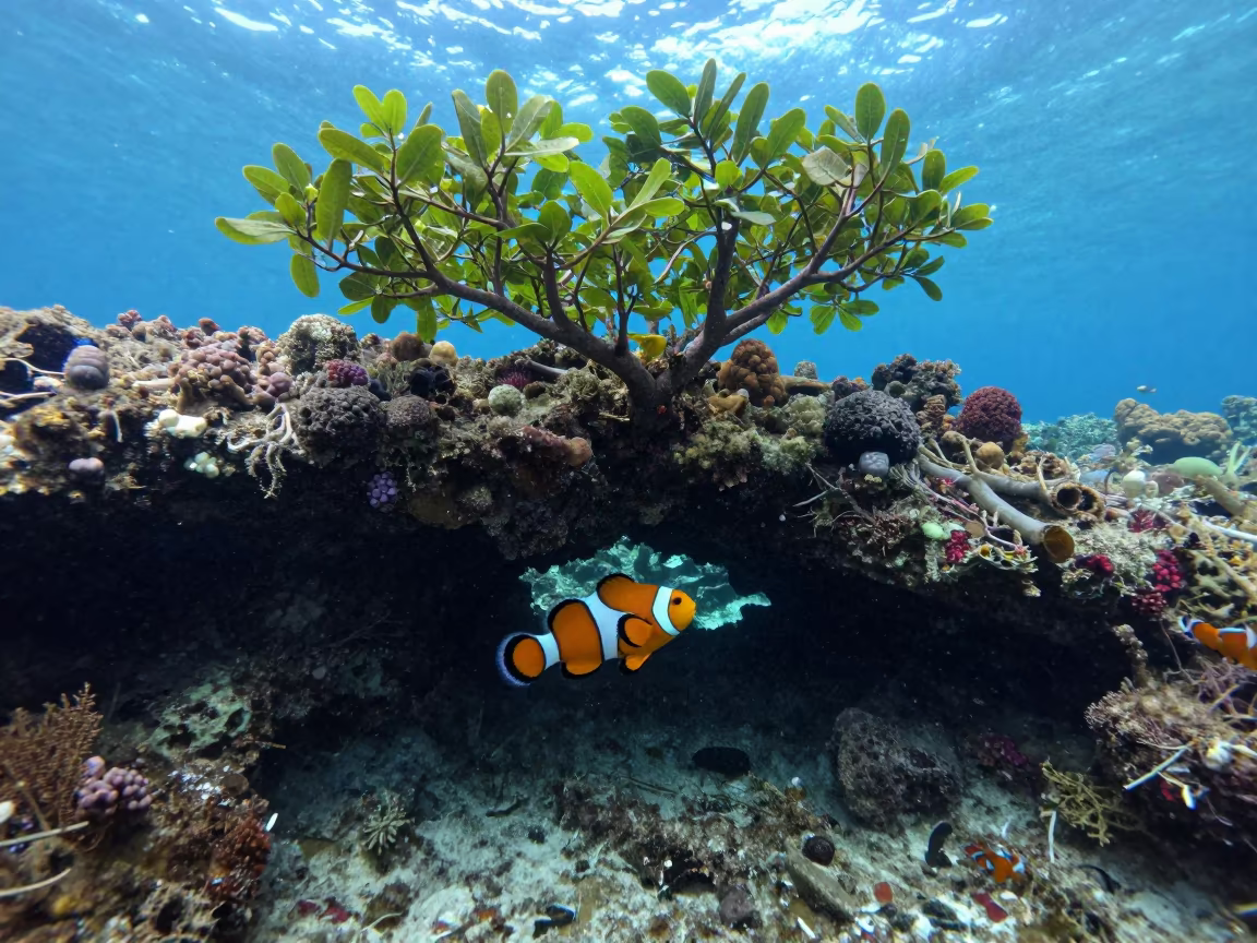 Clownfish Through Volcanic Arch in Cobalt Light in beneath a reef ledge in tropical shallows near Stone Town