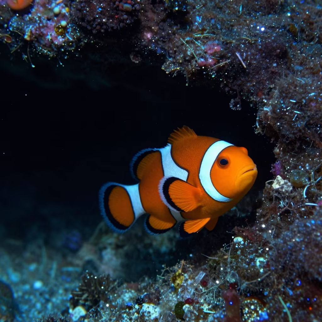 Clownfish Through Volcanic Arch in Predawn Cobalt in beneath a reef ledge in tropical shallows near Stone Town