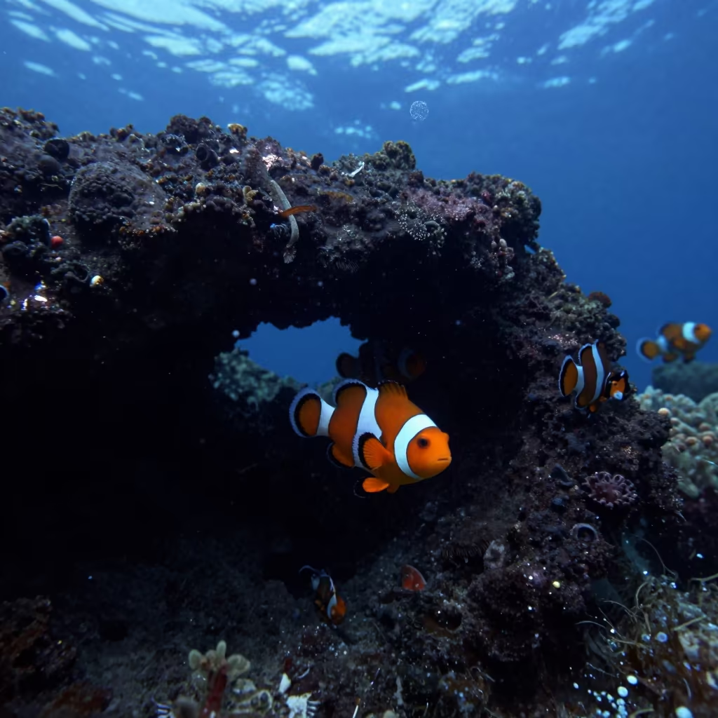 Clownfish Through Volcanic Arch in Twilight in beneath a reef ledge in tropical shallows near Cebu