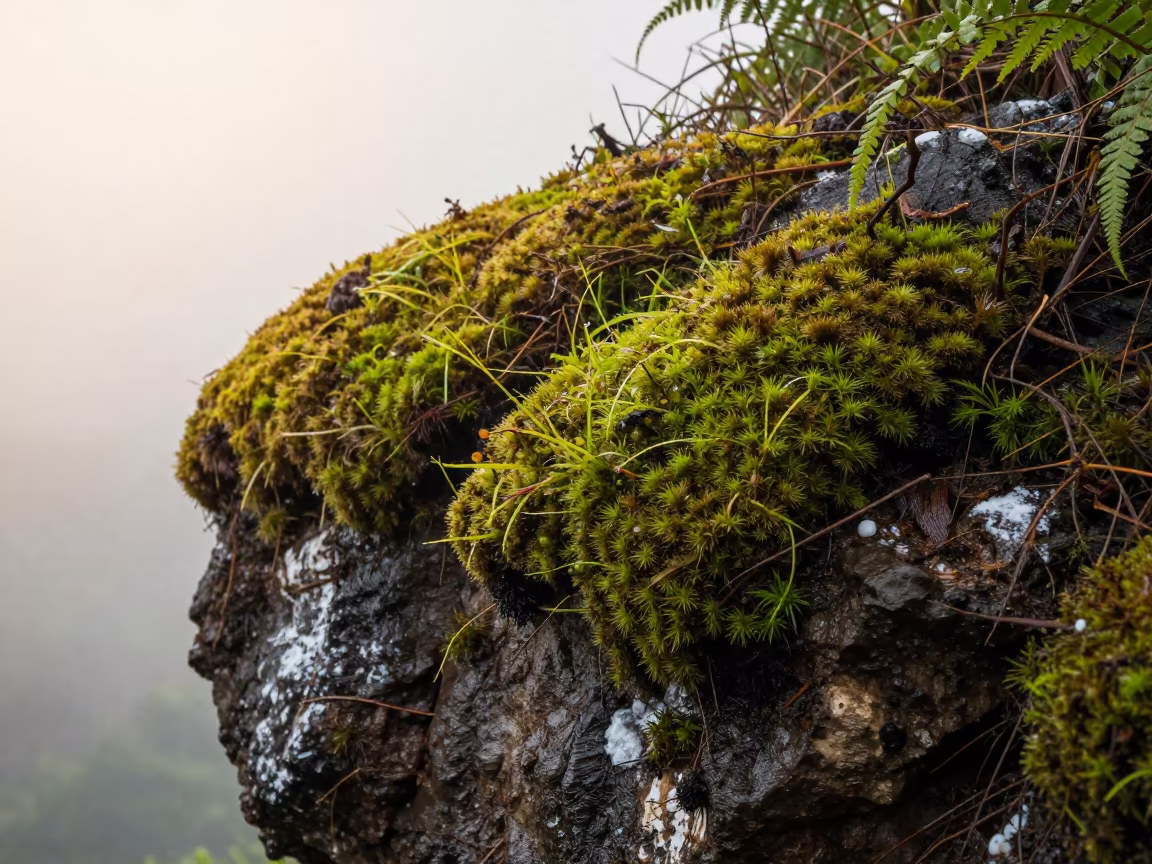 Club Moss Carpet on Rainy Cliff Edge in along a salt-sprayed cliff edge near Phrae