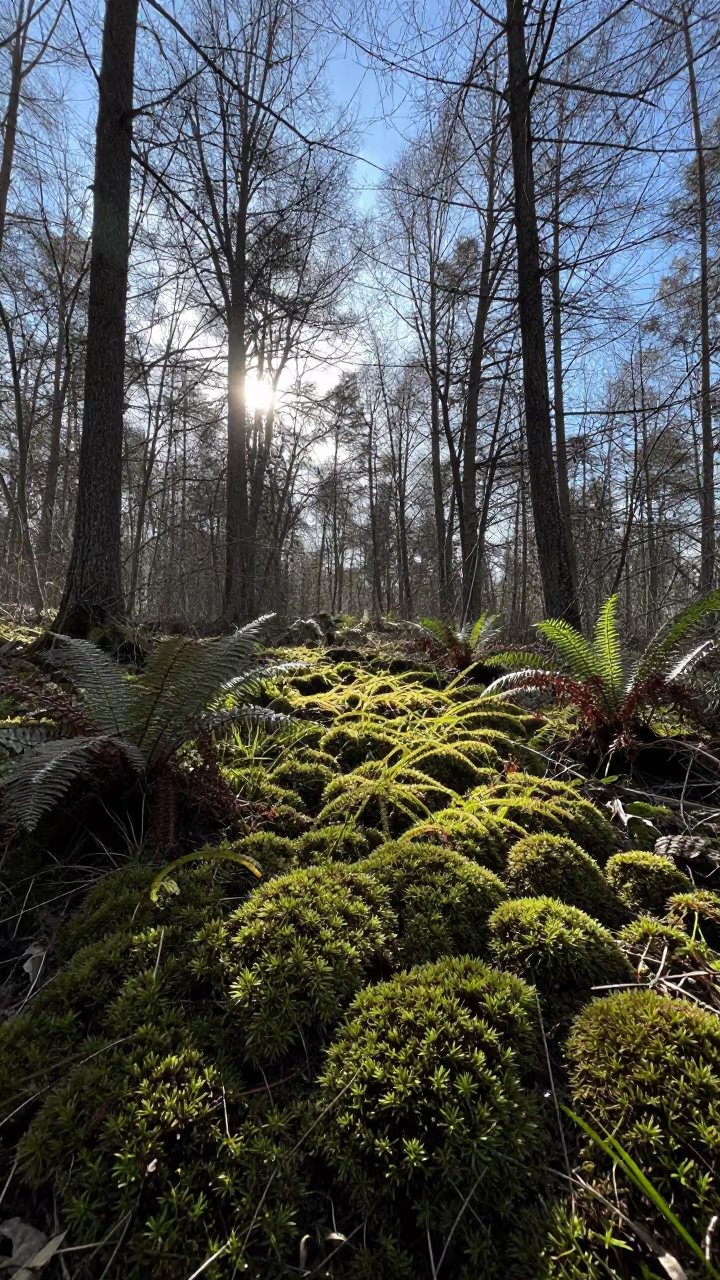 Club Moss Carpet Silhouetted in Lombardy Forest in on a fern-lined forest floor in Lombardy