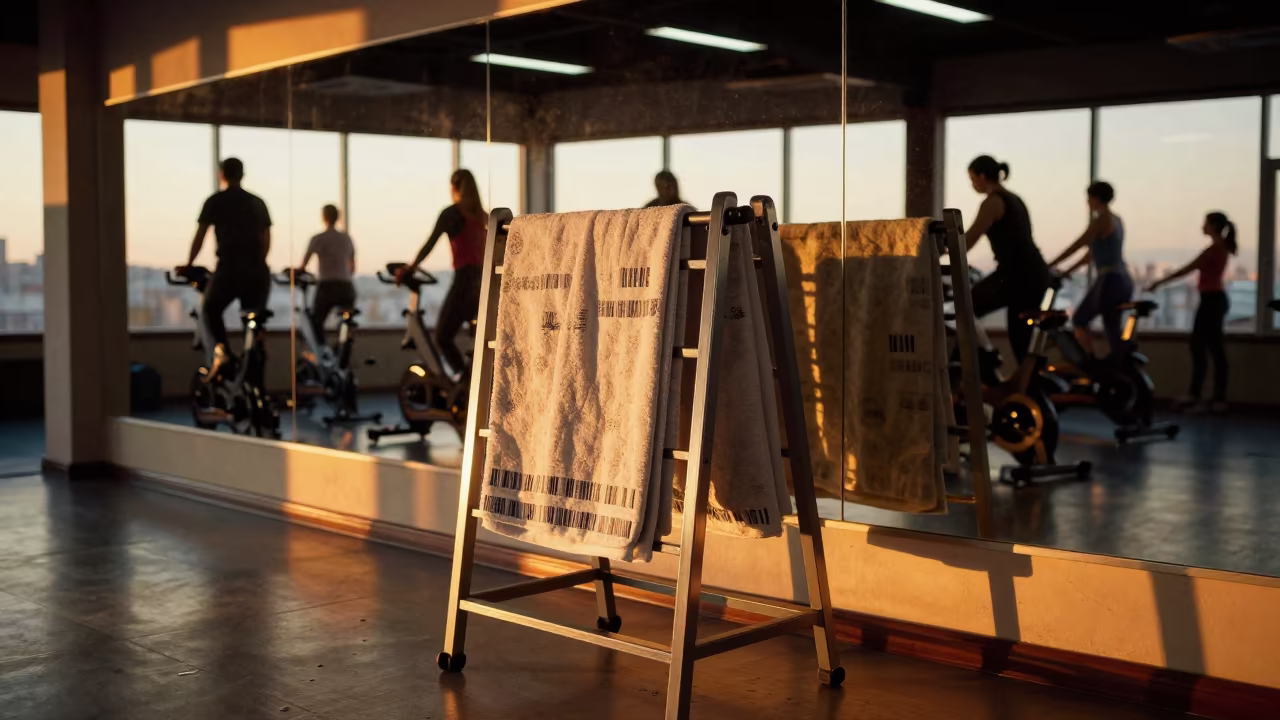 Club Towel Barcode Shelf Fitness Studio Yerevan in inside a spin studio under class lights near Yerevan