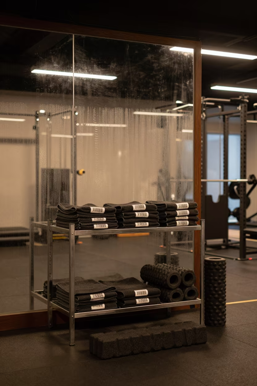 Club Towel Barcode Shelf Recovery Lounge Kabul in inside a recovery lounge beside foam rollers near Kabul