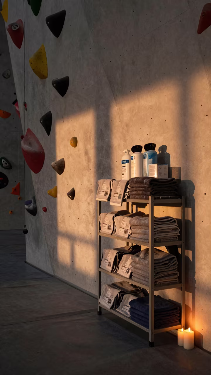 Club Towel Barcode Shelf Sunset Warmup Zone in inside a climbing gym warmup zone near Leganés