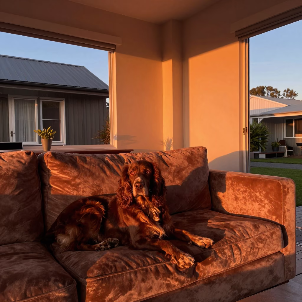 Clumber Spaniel in Christchurch at Copper-toned Light Before Dusk in in Christchurch, New Zealand