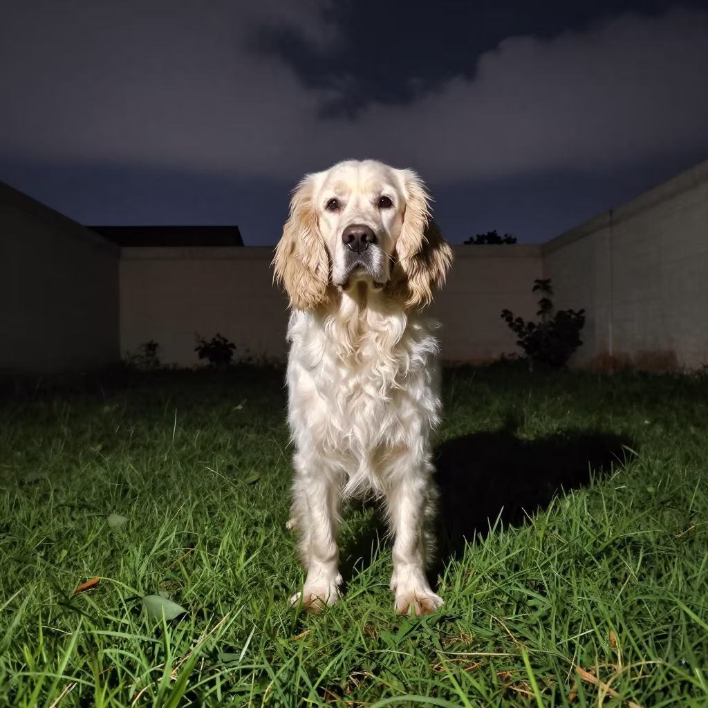Clumber Spaniel in Monsoon Night Rim Light in in a small yard with clipped grass, calm light, and the animal centered in frame in Hyderabad