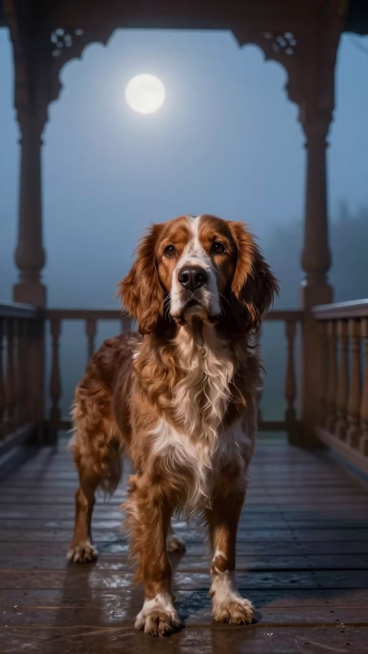 Clumber Spaniel on Jaipur Porch in Moonlight in on a shaded front porch with boards, railings, and eye-level framing in Jaipur