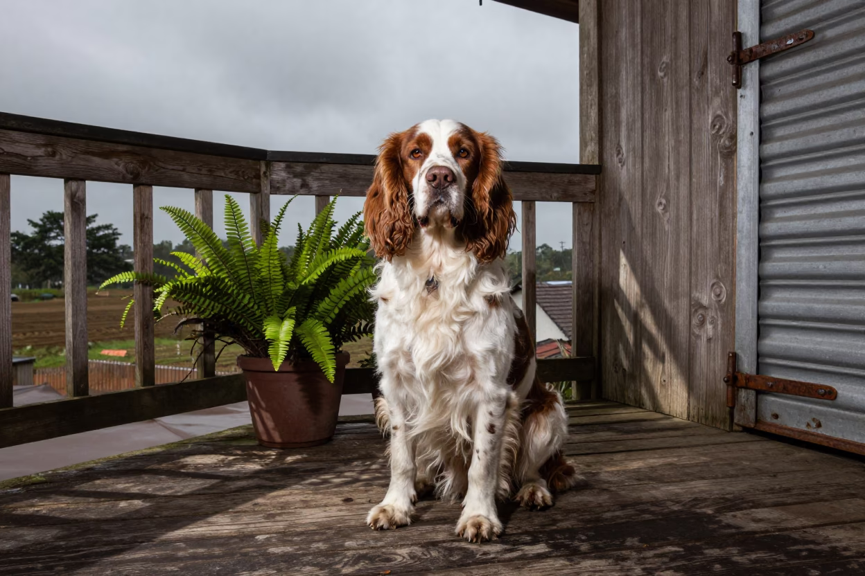 Clumber Spaniel on Shaded Douala Porch in on a shaded front porch with boards, railings, and eye-level framing in Douala