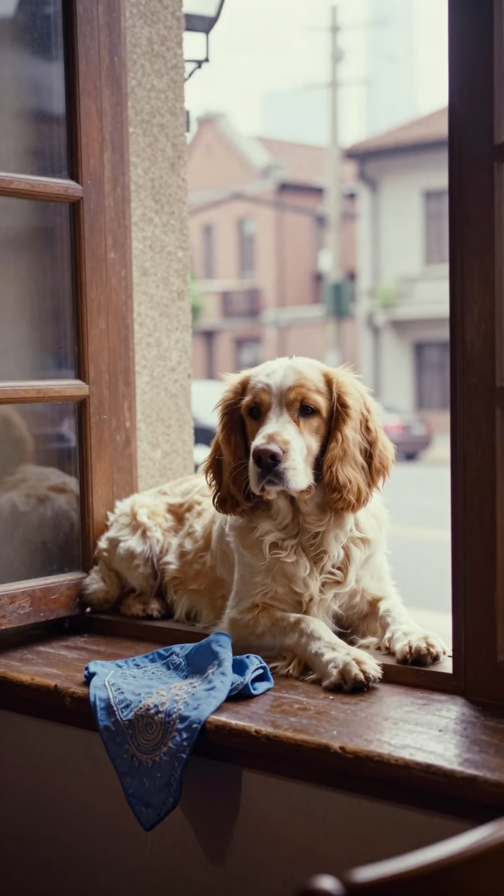 Clumber Spaniel on Window Seat in Shanghai Old City in on a window seat in a quiet apartment with soft side light near Old City, Shanghai