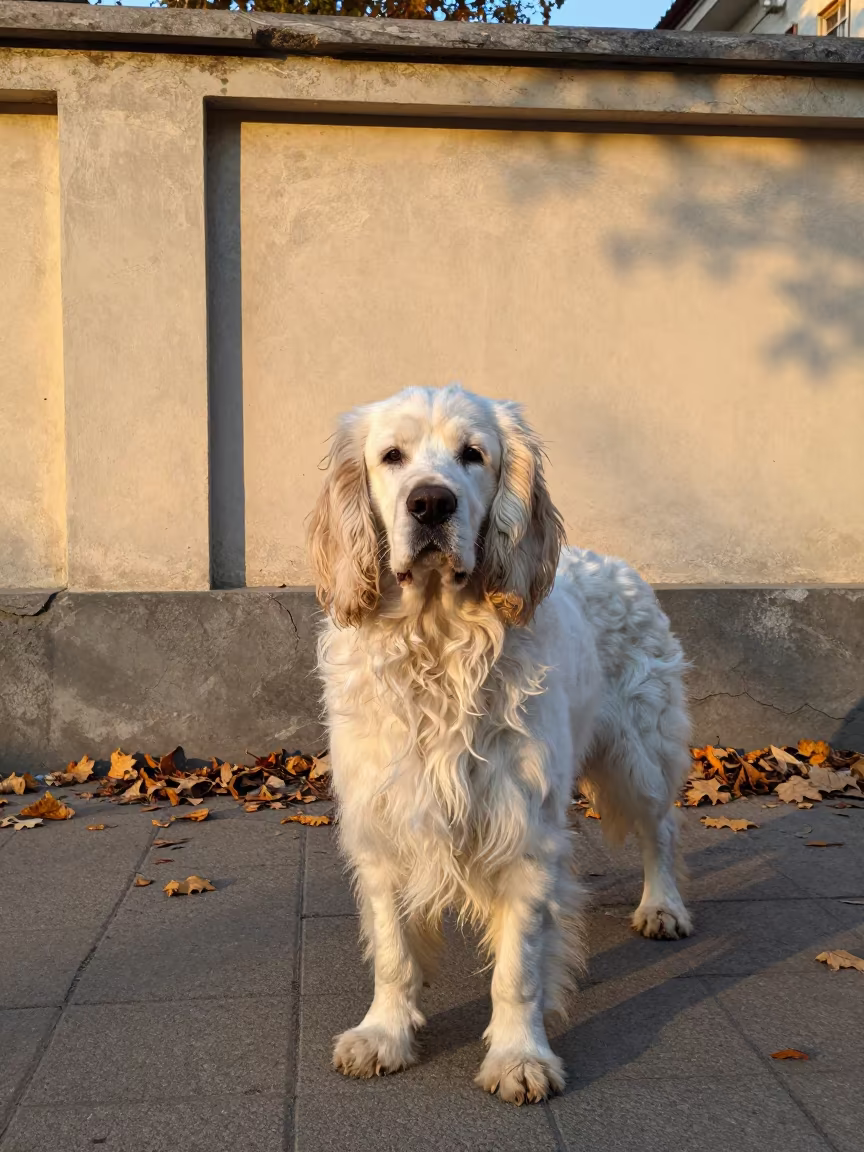 Clumber Spaniel Portrait in Golden Almaty Autumn Light in beside a plain courtyard wall in clear daylight with the animal at eye level near Almaty