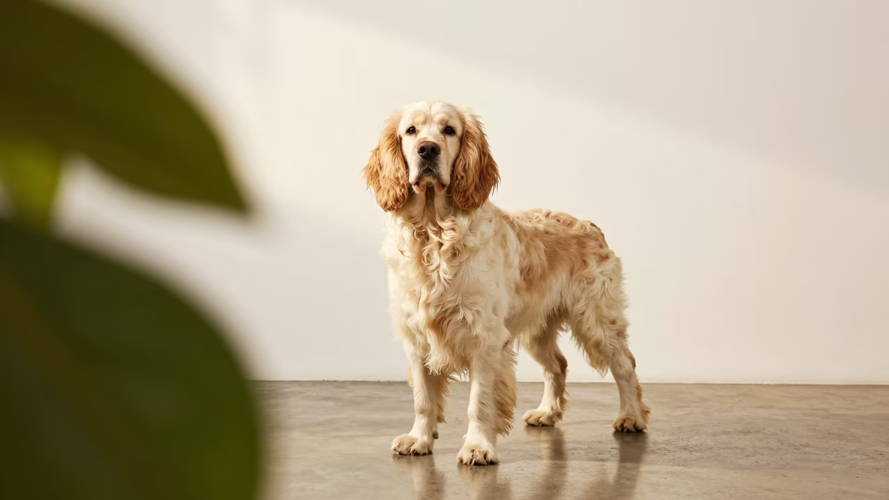 Clumber Spaniel Portrait in Nadi Studio in in a quiet portrait studio with a plain backdrop and eye-level framing in Nadi
