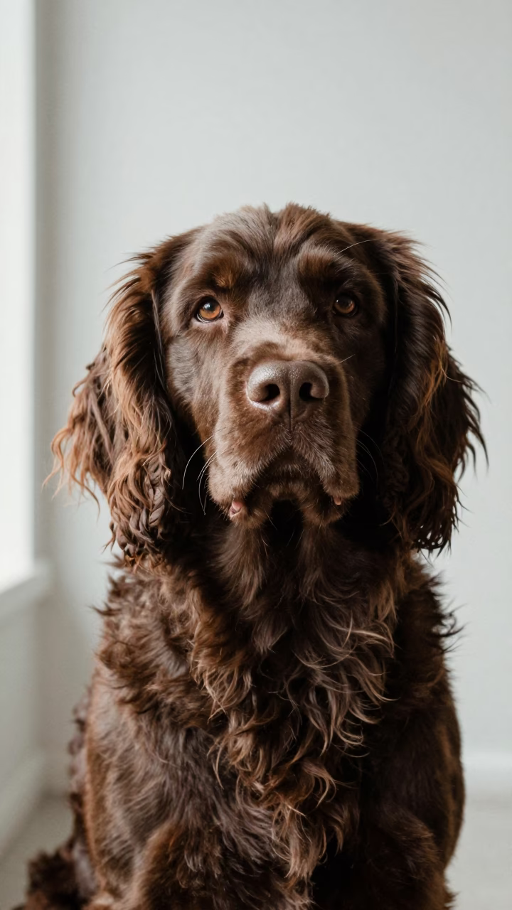 Clumber Spaniel Portrait in Quiet Saly Studio in in a quiet portrait studio with a plain backdrop and eye-level framing in Saly