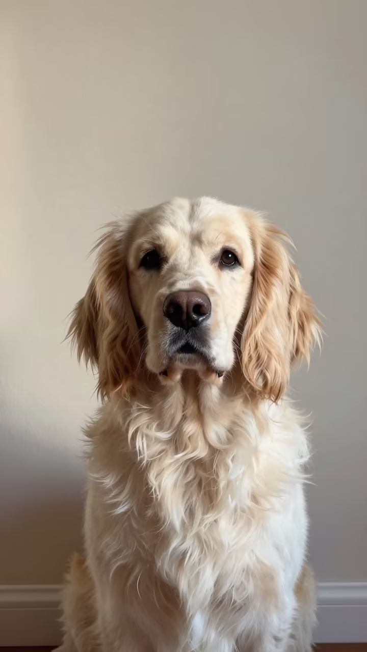 Clumber Spaniel Portrait in Soft Indoor Light in beside a plain plaster wall in soft indoor light with the animal centered in frame in Ho