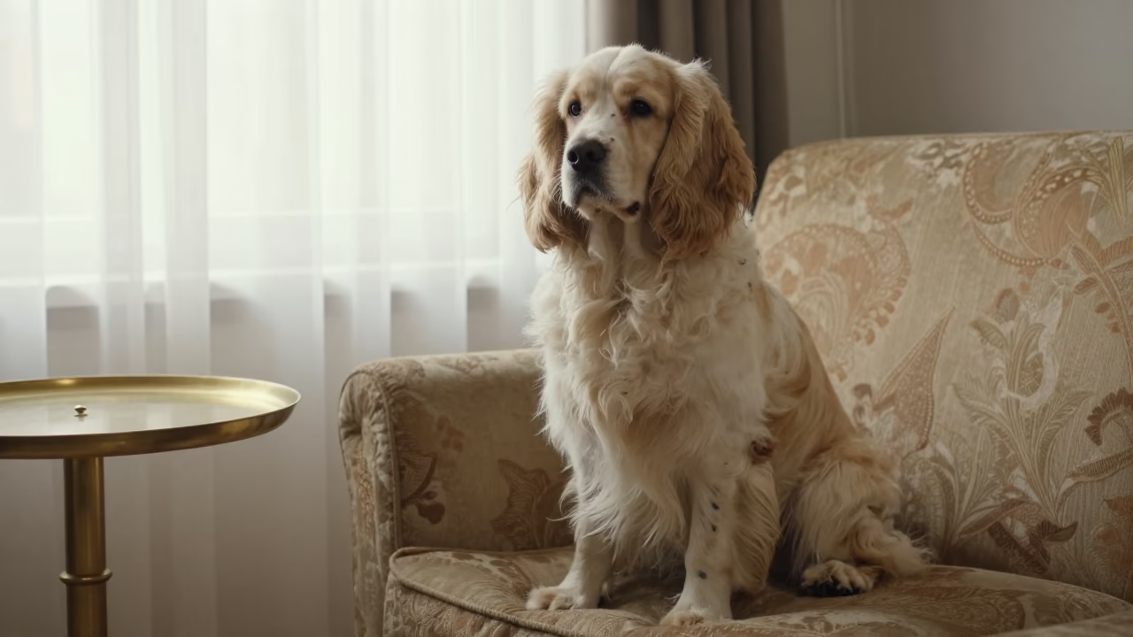 Clumber Spaniel Portrait Near Window in Kırıkkale in on a sofa near a curtained window with calm indoor light in Kırıkkale