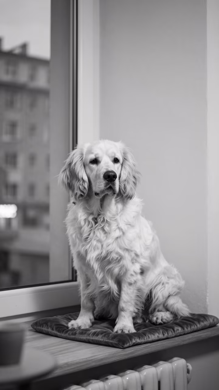 Clumber Spaniel Portrait on Window Seat Harbin in on a cushioned window seat with soft side light and an uncluttered background near Harbin