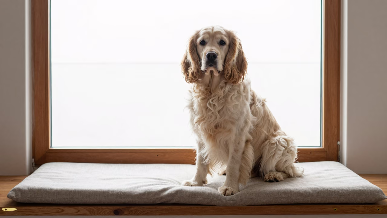 Clumber Spaniel Portrait on Window Seat in on a cushioned window seat with soft side light and an uncluttered background near Awka