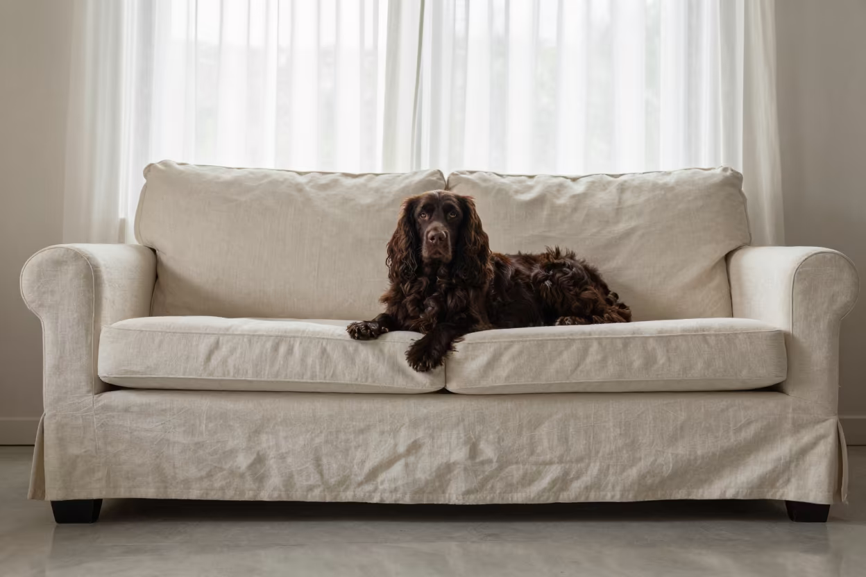 Clumber Spaniel Resting on Linen Sofa Benguela in on a linen sofa with daylight from a nearby window near Benguela
