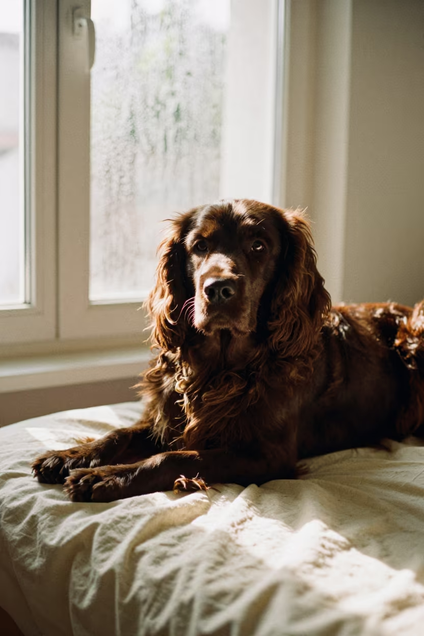 Clumber Spaniel Resting on Split Bedspread in on a bedspread near a bright window with calm indoor light in Split