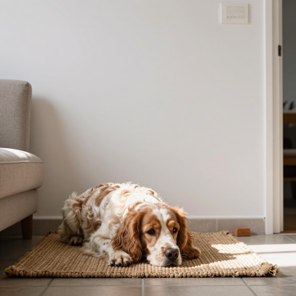 Clumber Spaniel Resting on Woven Rug in on a woven rug beside a low couch and an uncluttered wall in Fremantle