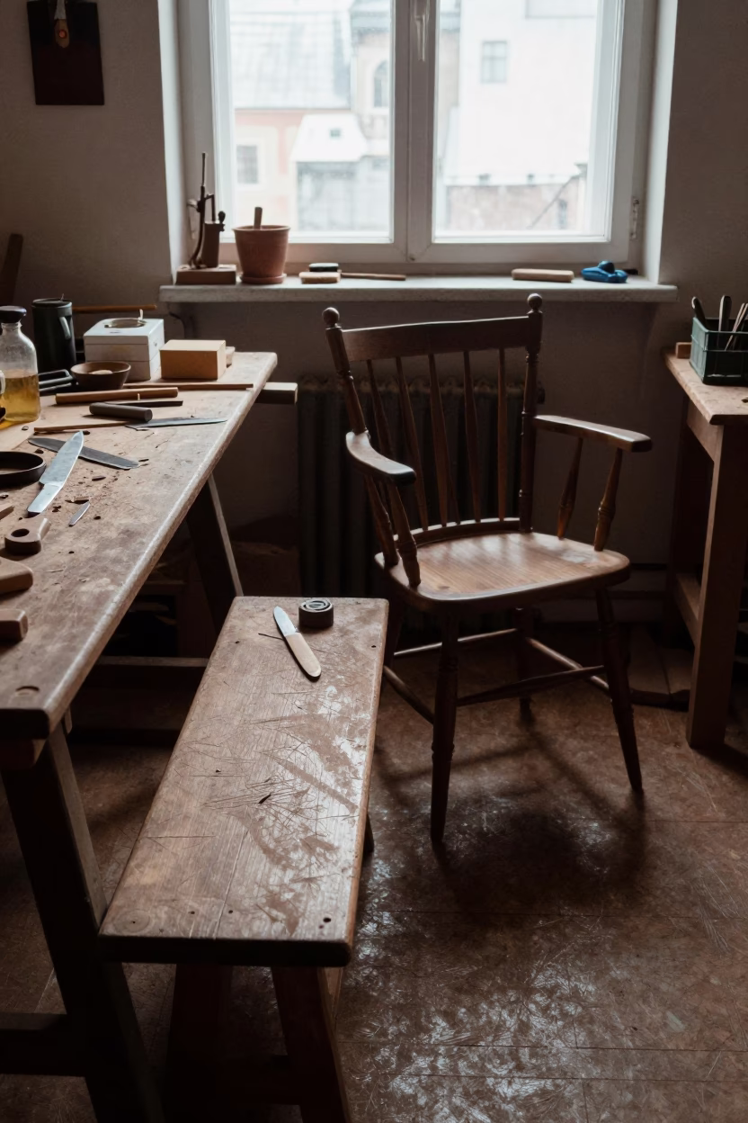 Cluttered Bench at Midday Light in Krakow in in Krakow, Poland