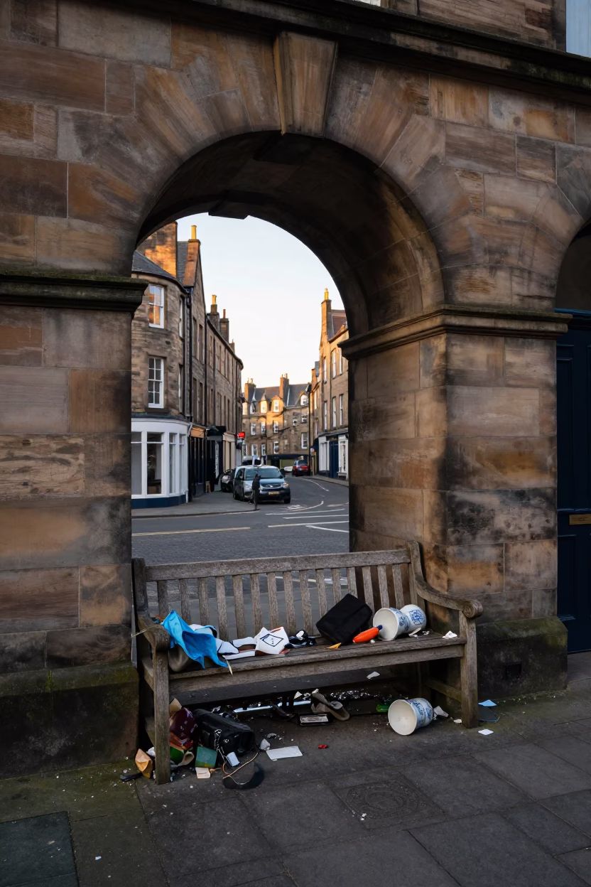 Cluttered Bench in Edinburgh in in Edinburgh, United Kingdom