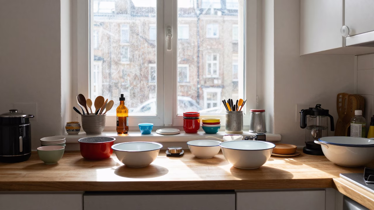 Cluttered East Berlin Kitchen Counter with Enamel Bowls and Soap Streaks in in Berlin, Germany