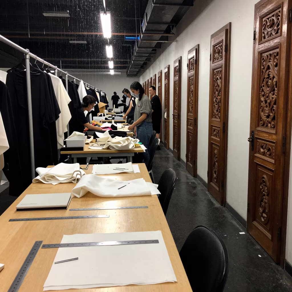 Cluttered Fashion Table Backstage Fez Night in in a backstage changing corridor in Fez