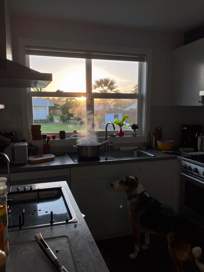 Cluttered Kitchen at Sunrise Light in Auckland in in Auckland, New Zealand