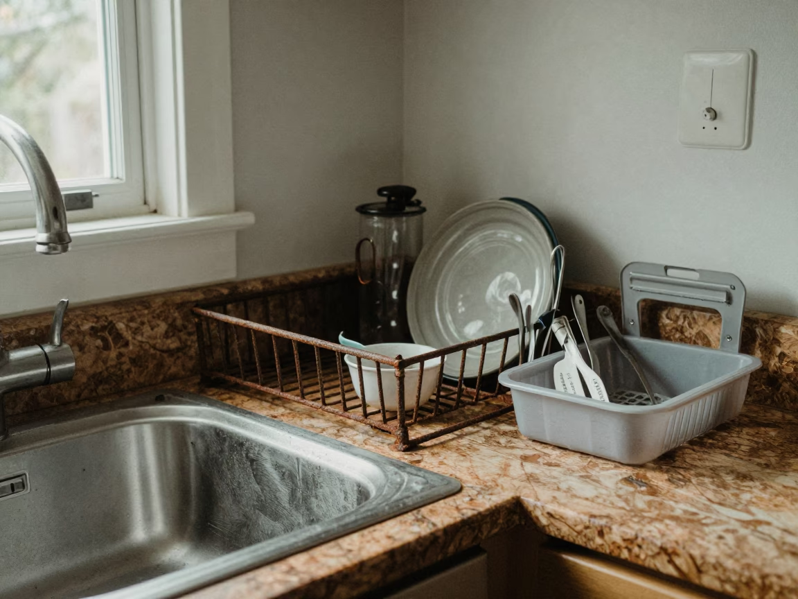 Cluttered Kitchen Sink Area With Rusty Dish Rack And Soap Bottle in in Seattle, Washington, United States